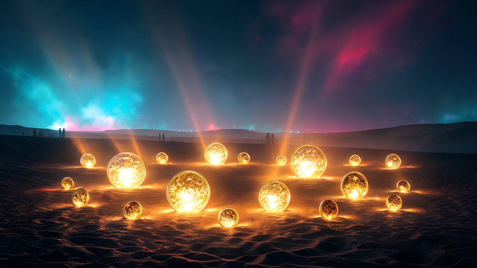 From a low, wide angle across the night desert, twenty-one polished gold discs rise from black sand like small suns, six larger and blazing hotter. Warm rays slice through cool neo