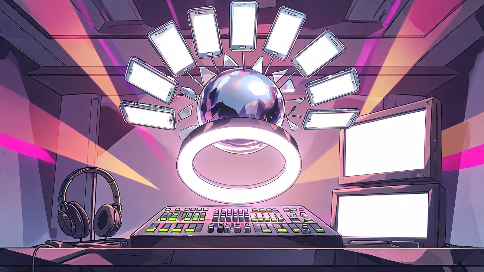 A low, wide cartoon angle looks up at an empty streamer stage: a mirror-bright chrome sphere floats over a ring light, splitting into fourteen glowing shards that become phone scre