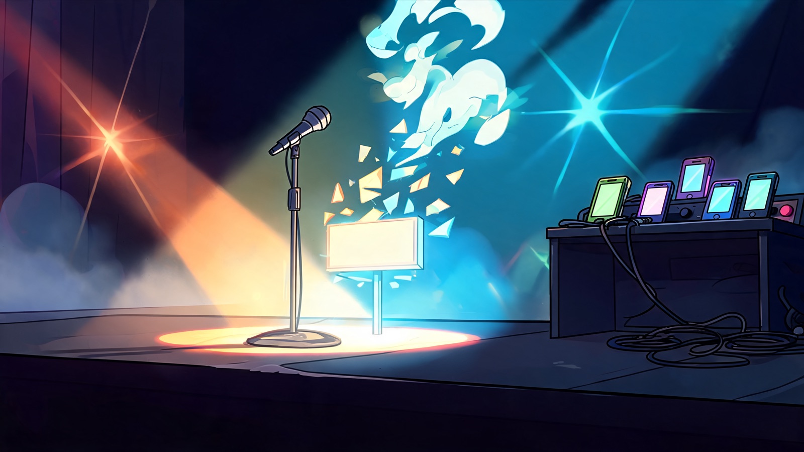 Low-angle cartoon of an empty hip-hop stage: one microphone in a hard pool of amber and cyan light, a blank nameplate splitting into glowing shards that swirl into a fresh abstract
